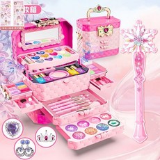 瀾錦書捨 女孩兒童化妝品套裝 無毒彩妝盒 3-9歲 女童公主 生日新年禮物, 【音樂彩妝手提箱】+魔法棒5件套, 1個