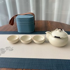 手抓壺纏枝蓮便攜式青花旅行茶具快客汝窯一壺三杯快客杯戶外禮品, 1個, 1L, 【四方包-光面-黃】手抓壺:如圖