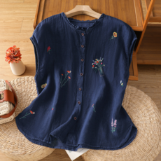 文藝刺繡棉麻無袖襯衫女夏木耳領休閒小衫