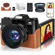 사진용 4K 디지털 스트림 48MP 스크린 라이브 유튜브 플립 자동 브이로그 와이파이 16X 비디오 카메라 초점, 64 Card, bla L B strap, 1개
