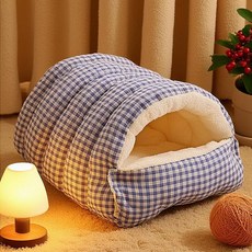 겨울 고양이 방한 침대 보온 숨숨집 따뜻한 반폐쇄형, M 36 x 30x20cm4.0kg이하, 1개, 블루앤화이트 체크 3.0l 두께