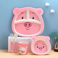 YIChu創意竹纖維兒童餐具套裝 卡通寶寶輔食分格餐盤碗杯母嬰活動禮品, 粉豬A018, 1個