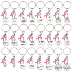 합금 키체인 아이언 링 포함 10월 유방암 분홍 인식 리본 앤틱 실버 플래티넘 12종 24개 7cm