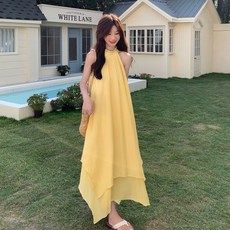 투니스 여성 단색 루즈핏 언밸런스 홀터넥 민소매 롱 원피스
