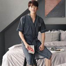남자 미디 가운 여름 면 반팔 잠옷 비대 순면 샤워가운, 남성 XXL, NX89510(로브), 1개