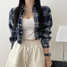 바나나2 여성 힙 캐주얼 아방핏 크롭 체크 남방 긴팔 카라 셔츠