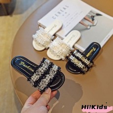 兒童拖鞋 網紅涼拖鞋 女童珍珠小香風一字拖 軟底防滑室內外休閒涼鞋