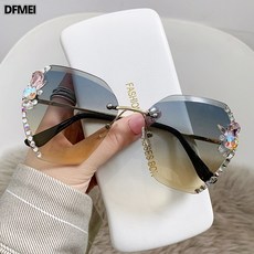 DFMEI 鑲鑽墨鏡女款太陽鏡新款大臉顯瘦防紫外線水晶切邊無框太陽鏡