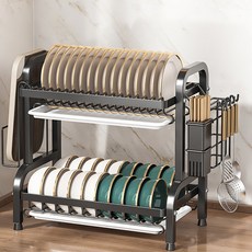 WHH 주방 대용량 스테인레스 식기 건조대 설거지 건조대 다기능 자동 물빠짐 수세미 거치대, 1개, 블랙, 2단