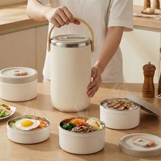 마술사 대용량 스텐 보온도시락 분리형 전자레인지 도시락, 1세트, 3400ML 4단 베이지