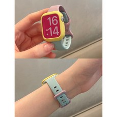 애플워치밴드 풀세트 1+1] 투톤 실리콘 밴드+초슬림 케이스 / 5컬러 / 40&41mm+44&45mm 호환 땀방지+미끄럼방지 초슬림 실리콘 도파민 컬러 걸리시 스타일, SE2 / SE / 6 / 5 / 4(44mm), 옐로우 케이스[라벤더퍼플+블루그린]