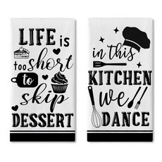 Croar in This Kitchen We Dance 접시 타월 2개 세트 블랙 화이트 베이킹 디저트 영감을 주는 인용구 건조 핸드 요리용 천 재미있는 셰프 모자 베이커리
