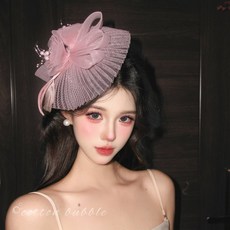 粉色網紗花朵頭飾 禮帽 法式新娘拍照道具 髮飾, 1個, 粉色禮帽