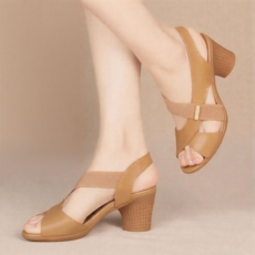 ANYOU 샌들 여름 여성 여자 가죽 통굽 하이힐 4.5cm