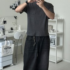르위 세미크롭 와플 반팔 티셔츠 라운드 무지 오버핏 남성용 빅사이즈