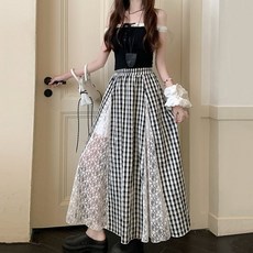 Yellwel 달콤한 레이스 배색 체크 반신 스커트 여름 롱 스커트 DJP