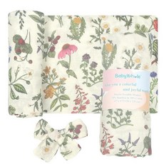 신생아용 아기 모슬린 포대기 담요 - 매우 부드러운 119.8 x 119.4cm47 47인치 랩 세트 매칭 머리띠 백합 패턴 70% 대나무 비스코스 및 30% 면 15849, 야생화/베리