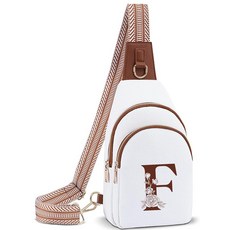 Lizznoe 여성용 크로스바디 백 가죽 슬링 백 이니셜 레터 패니 팩 체스트백 여행용 엄마 아내를 위한 선물 화이트/브라운., F