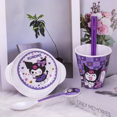 卡通庫洛米兒童餐具可愛家用耐摔防燙分格餐盤喫飯碗勺杯筷盤, 庫洛米【510ML】雙耳碗+庫杯+勺+筷, 1個