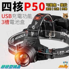 《日樣》伸縮變焦 P50四核燈芯 頭燈 鋁合金 頭戴式 XPL XHP50 強光 大功率 USB充電 18650 工作, 1個, A套餐（圓頭）