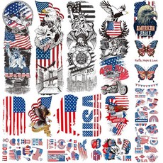 CHARLENT 7월 4일 임시 타투 풀 & 하프 암 - 미국 국기 어린이 여성 남성 파티 장식 및 선물 독립 기념일 용품 203145