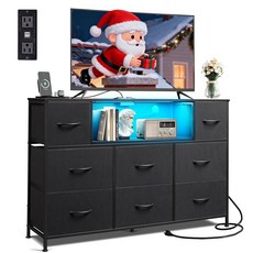 WLIVE 드레서 TV 스탠드 45 50 TV용 엔터테인먼트 러스틱 55인치 LED 및 조명 패브릭 브라운 충전 있는 스테이션이 센터 8개의 서랍과 복도 거실, 블랙.