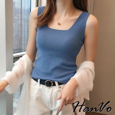 HanVo 素色薄款大U領針織背心 - 韓系女生衣著