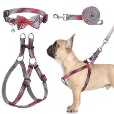 빙펫 개 하네스 칼라 목줄 세트 조절 가능한 당김 방지 소형 클래식 격자무늬 강아지 및 중형 대형견 훈련용 쉬운 걷기 운동용 베이지 S, S(Chest Girth:14.9''-20.9''), Gray red, 1개, 그레이 레드 격자무늬