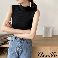 HanVo 高領羅紋針織背心 - 韓系休閒百搭合身針織上衣 A01-1389