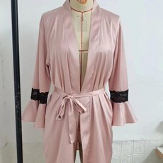 【洁白】純色性感浴袍四季款緞面睡衣睡袍繫帶寬鬆女士蕾絲家居服睡衣1922【AL】
