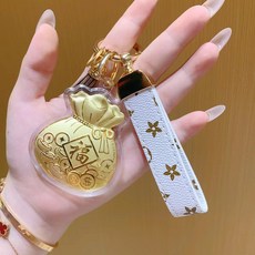 1/1+1 황금 복주머니 키링 가방 장식 열쇠고리 행운 선물 소품 가죽키링 고급선물패키지, 복주머니+화이트 브라운 스트랩, 1개