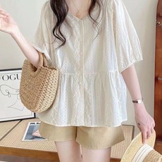 삼제태전 여성 면 린넨 셔츠 반팔 남방 퍼프소매 오버핏 시원한 여름 상의 출근 산책 여행룩