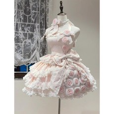粉色 玫瑰花朵小禮服 lolita裙 可愛 甜妹 生日禮裙 優雅少女公主洛麗塔
