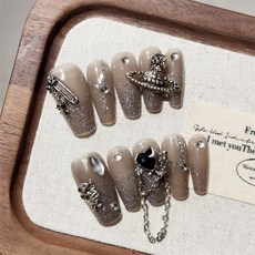 銀心鎖鏈純手工美甲穿戴甲貼片 時尚穿戴甲 持久耐用 方便快捷 指尖閃耀, 1個, BNP337-S碼(實品拍攝)