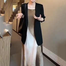 FANSYLI 여성 원피스 세트 결혼식 하객룩 봄여름 얇은 정장자켓+롱원피스 투피스 심플 루즈핏 정장 코트 프린트 원피스 세트 엄마옷 오피스룩 XR2601J26