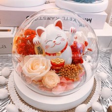 太陽能招財貓永生花玻璃罩花盅，免費客製賀卡，招財小物財位佈置母親節生日禮物, 香檳色系