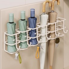 台灣發貨 壁掛式雨傘置物架 免打孔瀝水傘架 門口玄關雨傘收納架, 1個, 白色4格+4鉤[送無痕貼*2無痕釘*2],如圖