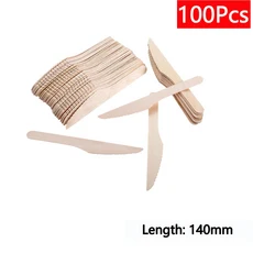 일회용 나무 수저 포크 스푼 커터 나이프 결혼식 생일 파티 용품 주방 디저트 케이크 국자 10-500 개, 19 100pcs Knives(14cm)