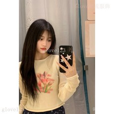 臺灣出貨 Glove 設計感小衆網紗鬱金香印花鏤空長袖別緻T恤女夏季薄款防曬衣上衣 長袖上衣 T恤女 大學T 百搭