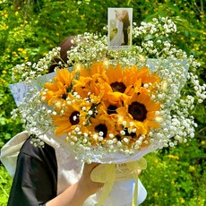 주말배송 신선보장 아르띠콜로 생화 해바라기 안개 꽃다발 LED 쇼핑백 세트, 해바라기 송이수, 10개