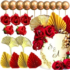 21 PCS 레드 로즈 케이크 장식 여왕 생일 은행 나무 팜 잎 웨딩 파티, 01 21pcs