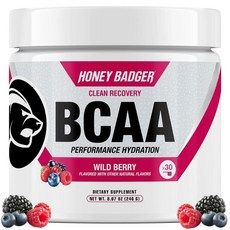 Honey Badger BCAA 아미노산 파우더 | 비건 케토 와일드 베리 BCAA + EAA 남성 및 여성용 | 수분 공급 및 운동 후 회복을 위한 전해질 | 무설탕 및 팔레, Honey Badger BCAA 아미노산 파우더 | 비, 1개
