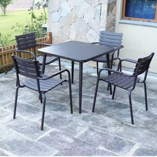 戶外桌椅別墅庭院陽臺桌椅休閒防水桌椅室外露天外擺塑木桌椅組閤 戶外桌椅 桌椅組閤 桌椅 庭院休閑桌椅 庭院靠背椅子 0R, 4把橫條椅+一張80CM塑木方桌