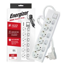 에너자이저 개별스위치 멀티탭 6구 납작플러그 과부하차단 16A, 1개, 화이트(개별스위치 6구), 4m