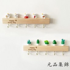 玄關壁掛式鑰匙收納ins實木免打孔入戶墻上掛鈎門口創意可愛裝飾, 木條金鉤+小狗一套,5鉤基礎款, 1個