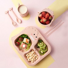 生活好物 創意恐龍卡通兒童餐具 兒童碗筷套裝 寶寶輔食碗 家用麥縴維盤子 塑料餐盤, 兒童餐盤六件套粉色, 1個