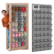 40개의 대형 메시 포켓 오버 더 도어 신발 오거나이저 도어용 걸이식 신발장 Hualleko 신발 정리함 행거 대용량 신발 보관 홀더 튼튼한 부직포 원단 - 20쌍 보관, 회색