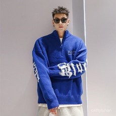 優選大碼針織外套男半拉鏈男士毛衣，冬季大碼300斤美式復古寬鬆印花ins潮牌針織衫外套