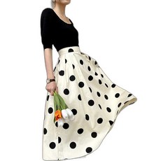 땡땡이 치마 도트 발목길이 플레어 롱스커트 화이트 A라인 우아한