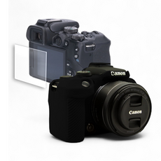 캐논 EOS R10 카메라 하우징 범퍼 케이스 + 액정 방탄유리 필름, 블랙